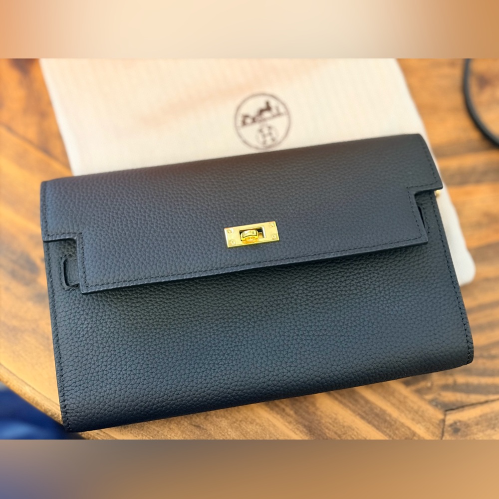 Black Leather Crossbody Clutch, Gold Hardware similar Kelly Wallet, not Hermes - Picture 3 of 11